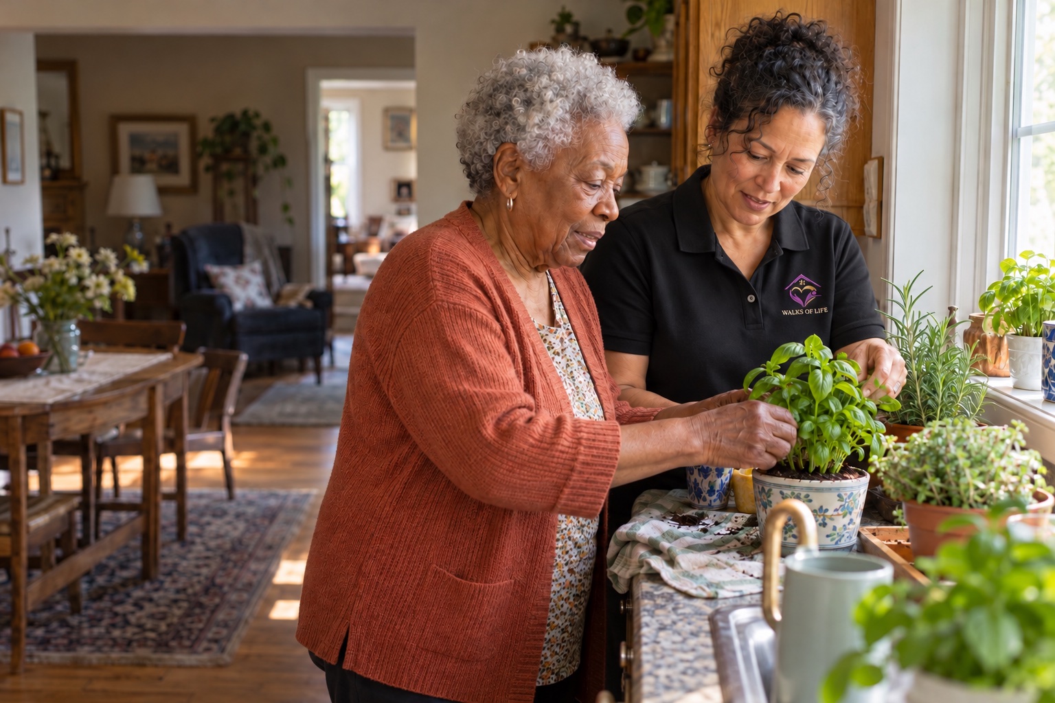 Illustrative scene of an older client tending herbs with a younger caregiver wearing a branded black polo