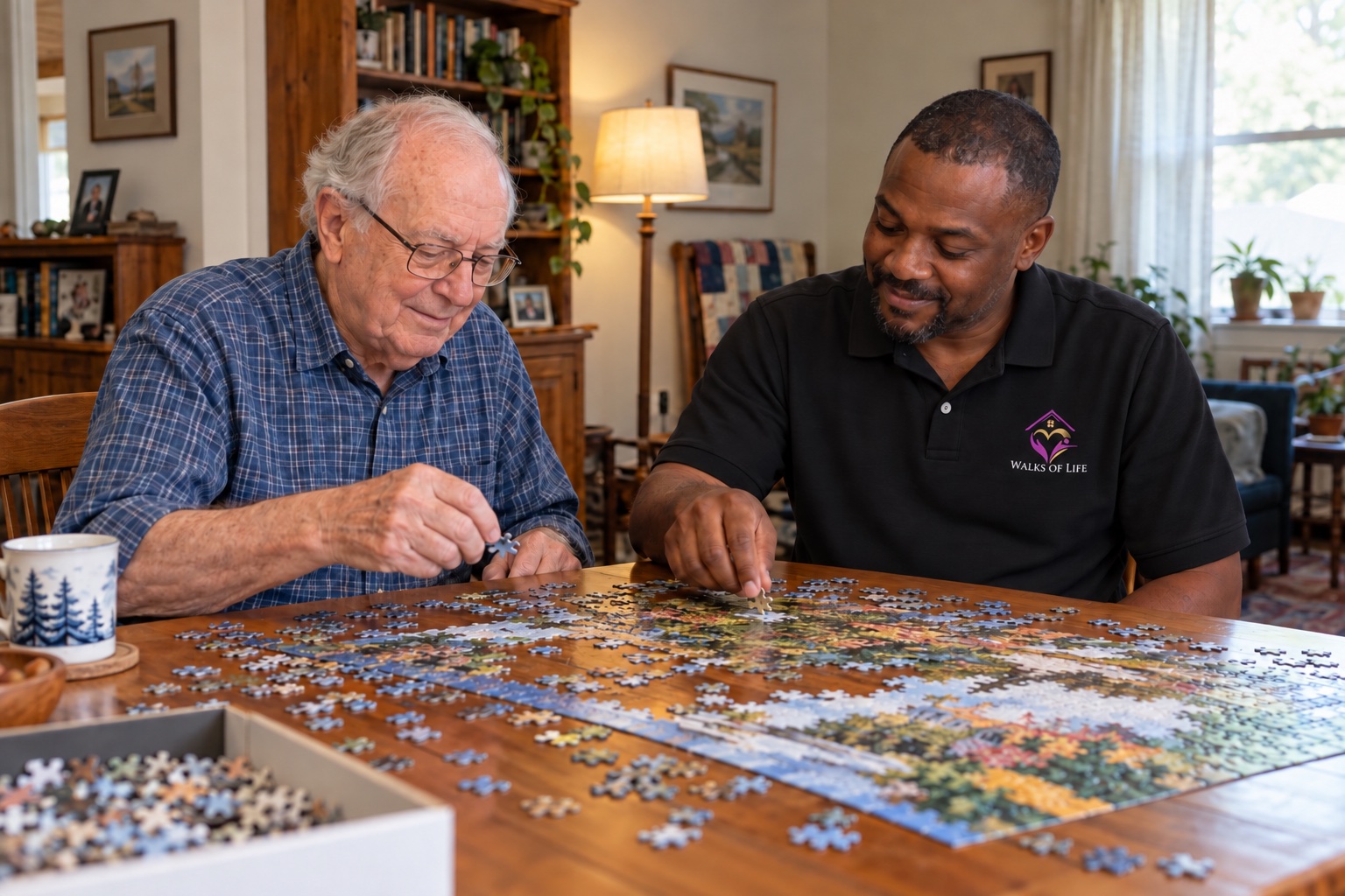 Illustrative scene of an older client enjoying a puzzle with a younger caregiver wearing a branded black polo